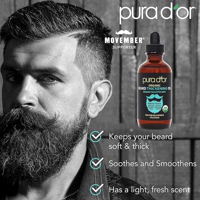 PURA D'OR 4 Oz Thickening Beard Oil – Moisturizing Blend with Rosemary, Biotin & Castor Oil – Increases Moisture, Thickness and Shine - Reduces Dryness and Breakage
