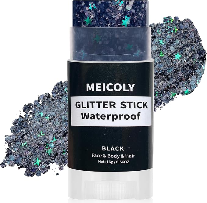 MEICOLY Black Face Body Glitter Stick,Hair Glitter Stick for Women,Sparkle Chunky Glitter Makeup,Waterproof Face Glitter for Party Rave Festival