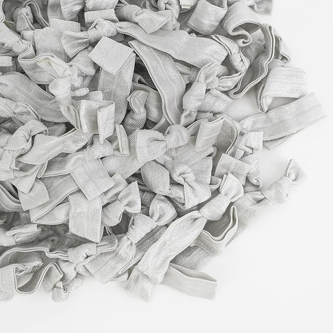 MEEDEE 100 Pack Silver No-Crease Soft Ribbon Knotted Ouchless Hair Ties for Women, Yoga, and Ponytails - Elastic Bracelets