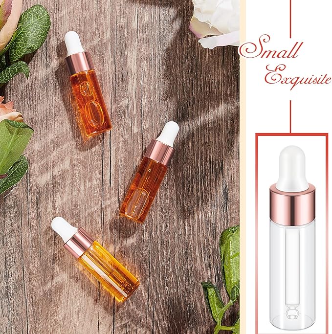 200 Pcs Mini Glass Oil Dropper Bottle Bulk, Clear Essential Small Empty Bottles Sample Containers Perfume Liquid Vials with Cap for Traveling (5 ml,Rose Gold)