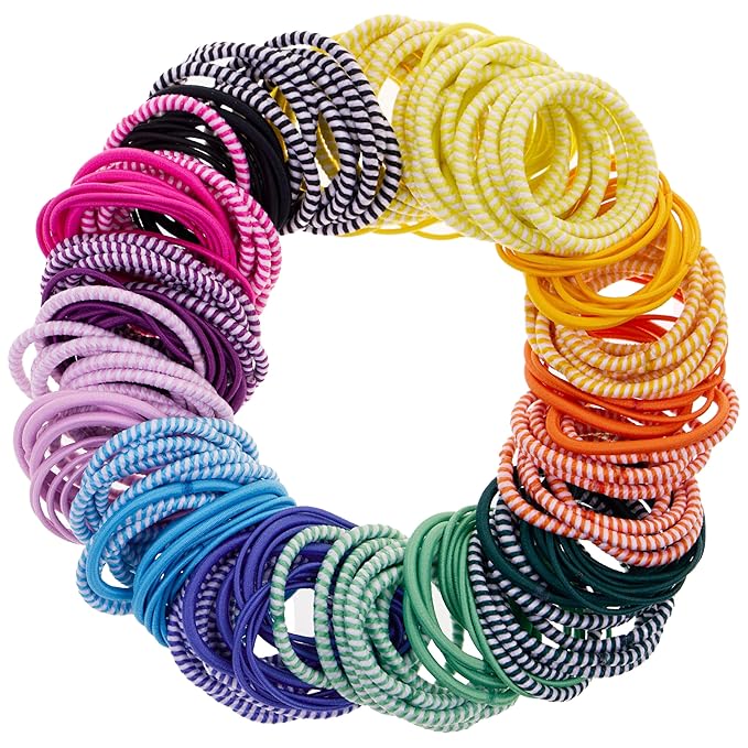 216-Piece Hair Ties, 4mm Hair Elastics, No Metal Ponytail Holders for Women, Durable for Thick, Curly and All Hair Types-Bright Solids & Stripes