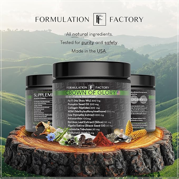 Formulation Factory Crown of Glory 10-in-1 Hair Growth Maximizer, DHT Blocker with Saw Palmetto, Fo-Ti, Collagen, Supports Thicker Hair & Scalp Health (2 Month Supply, 120 Capsules)
