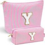 YOOLIFE Travel Makeup Bag Cosmetic Bag - Make Up Bag with Makeup Brush Bag Monogram Makeup Pouch Bag 2 Pieces Cute Makeup Bag Personalized Gifts Best Friend Birthday Gifts for Women Pink Letter Y