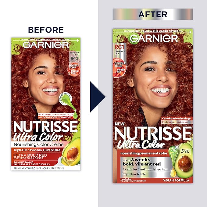 Garnier Hair Color Nutrisse Ultra Color Nourishing Creme, RC1 Medium Intense Copper Red (Terracotta Chili) Permanent Hair Dye, 2 Count (Packaging May Vary)