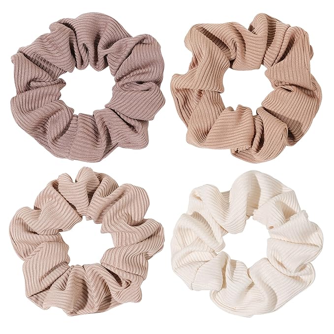 Ivyu Scrunchie, Big Cotton Scrunchies for Women's and Girls, Brown Service, 4 Count, for All Hair Types, No Crease or Damage
