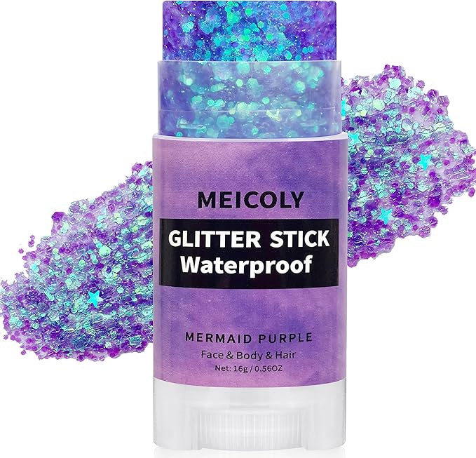 MEICOLY Purple Hair Glitter Stick,Halloween Mermaid Face Glitter Stick,for Women Costume,Sparkle Chunky Glitter Makeup,Waterproof Body Glitter for Party Rave Festival