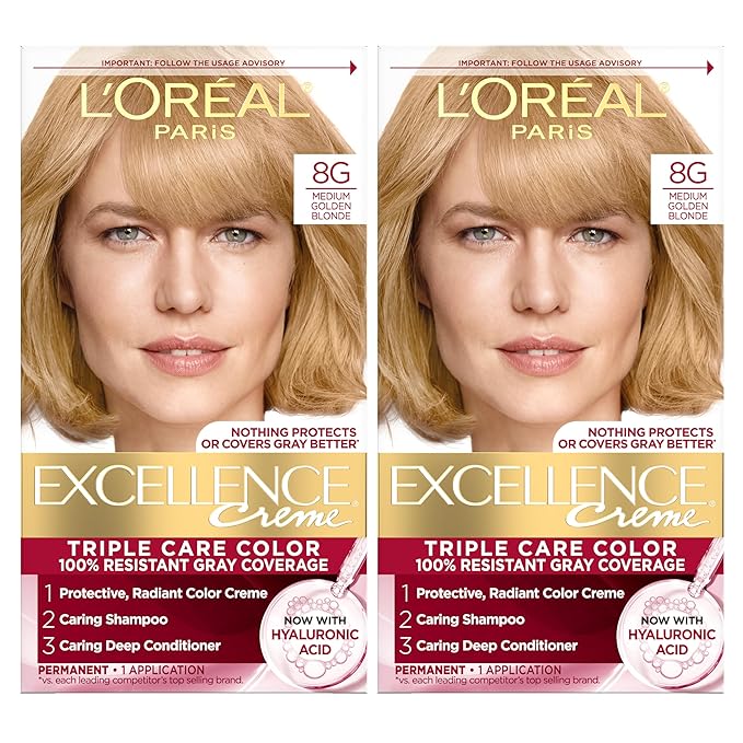 L'Oreal Paris Excellence Crème Permanent Hair Dye, Triple Care Hair Color with Pro-Keratine Complex for 100% Gray Hair Coverage, 8G Medium Golden Blonde, 1 Kit (Pack of 2)