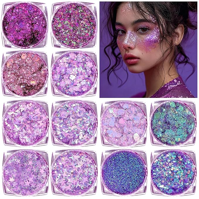 Body Glitter Face Glitter, Hair Glitter for Kids, 12 Shapes Fine Chunky Glitter Gel for Women Girls Makeup Sparkles Party Mermaid Sequins Rave Accessories Singer Concerts Festival (Purple Scheme)
