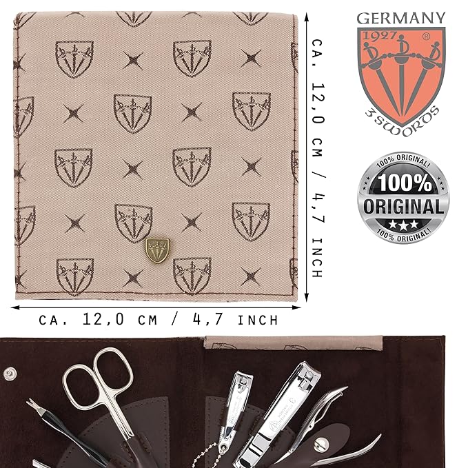 3 Swords Germany - brand quality 7 piece manicure pedicure grooming kit set for professional finger & toe nail care scissors clipper textile case in gift box, Made in Germany