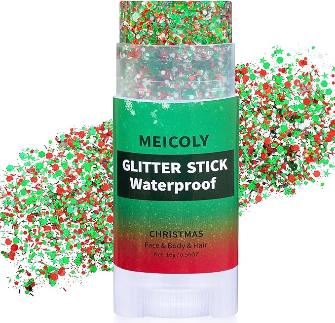 MEICOLY Christmas Face Glitter Stick,Hair Glitter for Women,Waterproof Sparkle Makeup Stocking Stuffers,Red Silver Green Body Glitter for Party Rave Costume Accessories