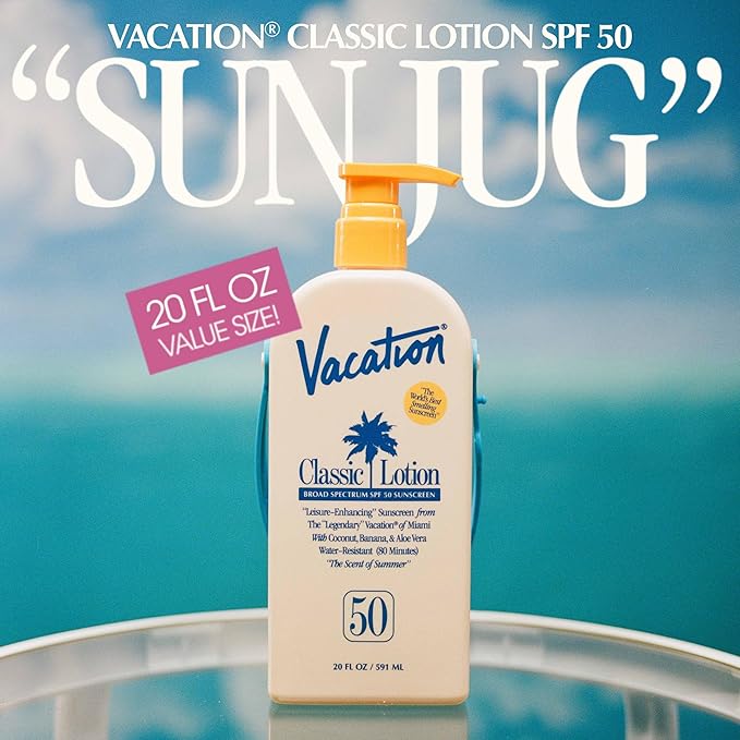 Vacation Classic Lotion SPF 50 Sun Jug, Broad Spectrum Bulk Sunscreen SPF 50, Water Resistant Sunblock, Suntan Lotion with Pump, Vegan, Family-Size, 20 Fl. Oz.
