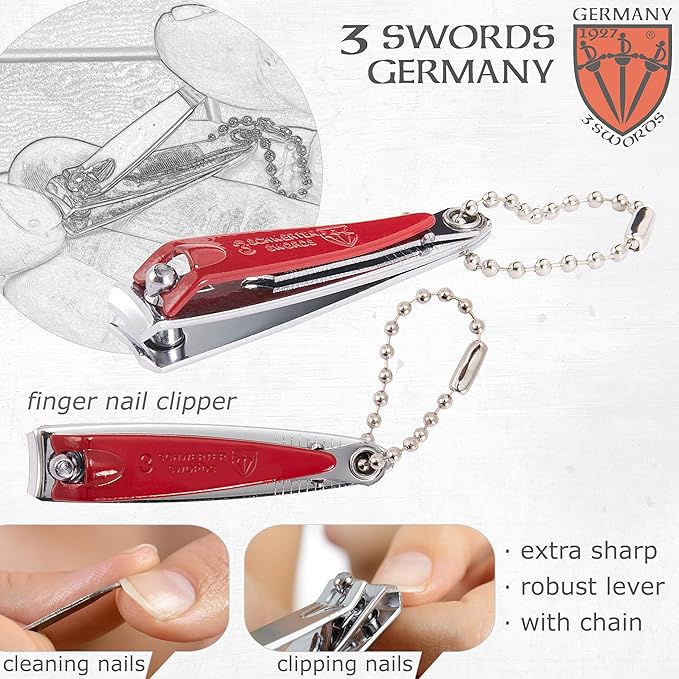 3 Swords Germany – Brand Quality fingernail & toenail Clipper, Manicure, Pedicure Nail Care by with Metal Nail File and case, red Edition