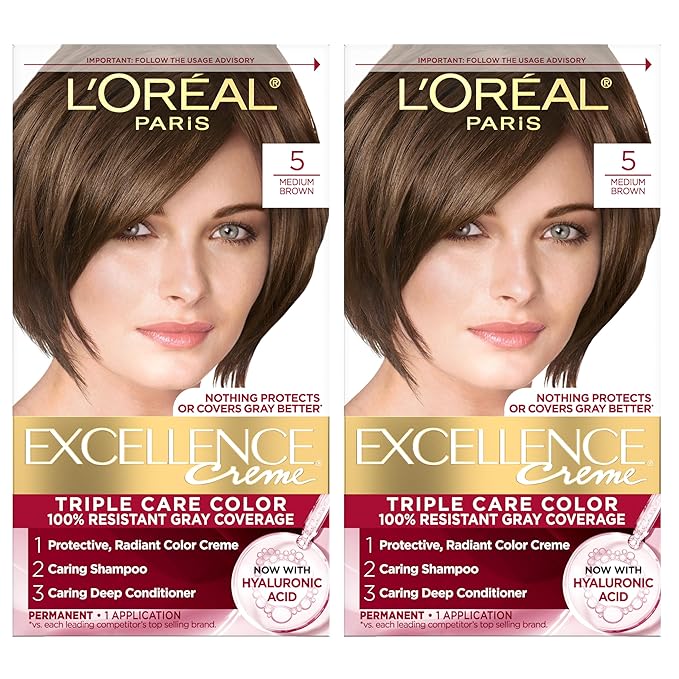 L'Oreal Paris Excellence Crème Permanent Hair Dye, Triple Care Hair Color with Pro-Keratine Complex for 100% Gray Hair Coverage, 5 Medium Brown, 1 Kit (Pack of 2)