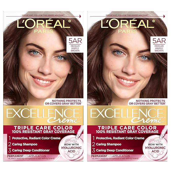 L'Oreal Paris Excellence Crème Permanent Hair Dye, Triple Care Hair Color with Pro-Keratine Complex for 100% Gray Hair Coverage, 5AR Medium Maple Brown, 1 Kit (Pack of 2)