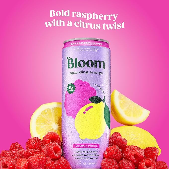 Bloom Nutrition Sparkling Energy Drink for Focus, Natural Caffeine, Zero Sugar, 180mg Caffeine, Antioxidant-Rich with Green Coffee Bean, Green Tea Extract, & Prebiotics, Raspberry Lemon 12oz 12 Pack