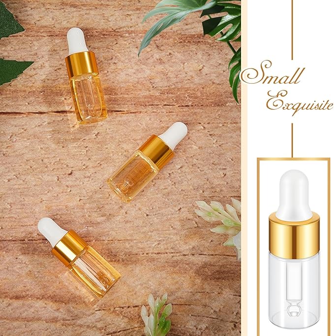 200 Pcs Mini Glass Oil Dropper Bottle Bulk, Clear Essential Small Empty Bottles Sample Containers Perfume Liquid Vials with Cap for Traveling (3 ml,Gold)