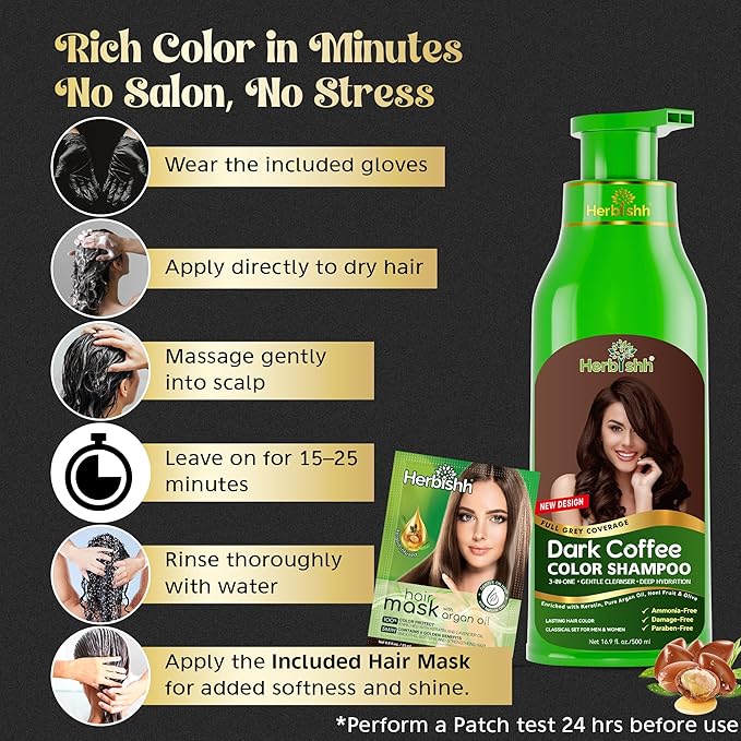 Herbishh Hair Color Shampoo for Gray Magic Dye Colors in Minutes Long Lasting 500ml 3-In-1 Color Ammonia-Free (Dark Coffee)