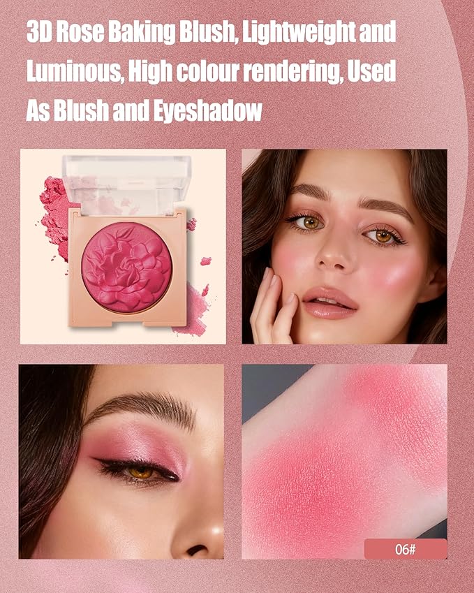 Baked Powder Blush, Lightweight Shimmery Highlight Blusher for Cheeks, Silky Smooth and Blendable Powder Blush Palette, Long-lasting All-Day Face Enhancing Makeup Color, Makeup Gift for Women Girls-06