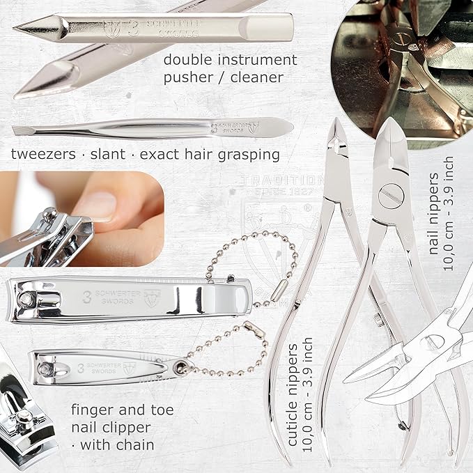 3 Swords Germany - brand quality 10 piece manicure pedicure grooming kit set for professional finger & toe nail care scissors clipper fashion leather case in gift box, Made by 3 Swords (6226)