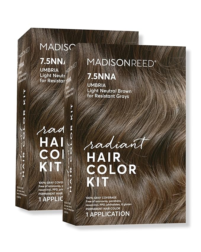 Madison Reed Radiant Hair Color Kit - 7.5NNA Light Neutral Brown (Umbria Brown), 100% Gray Hair Coverage Permanent Hair Dye for Resistant Grays | PPD-Free & Ammonia-Free, 2 Pack