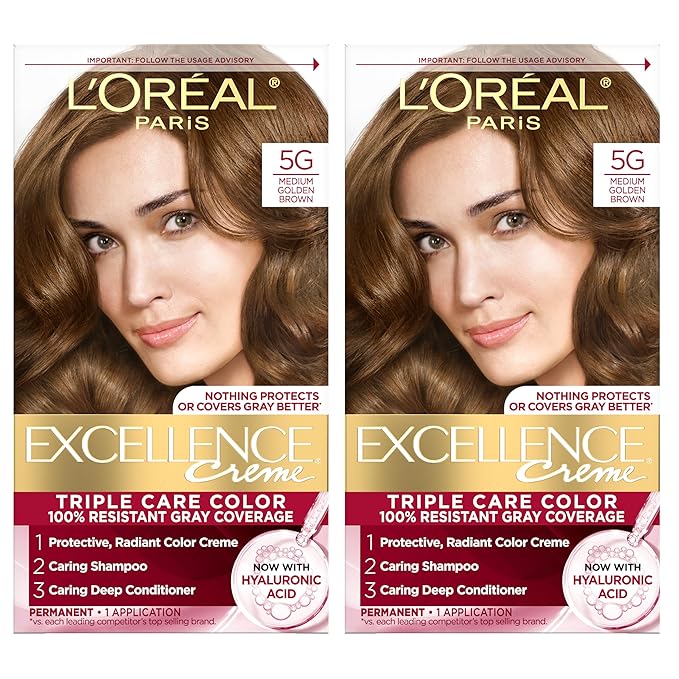 L'Oreal Paris Excellence Crème Permanent Hair Dye, Triple Care Hair Color with Pro-Keratine Complex for 100% Gray Hair Coverage, 5G Medium Golden Brown, 1 Kit (Pack of 2)