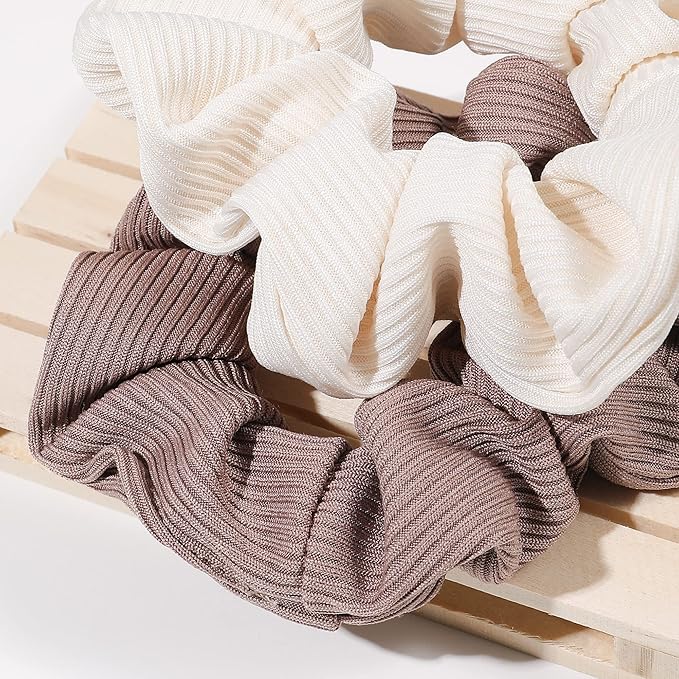 Ivyu Scrunchie, Big Cotton Scrunchies for Women's and Girls, Brown Service, 4 Count, for All Hair Types, No Crease or Damage