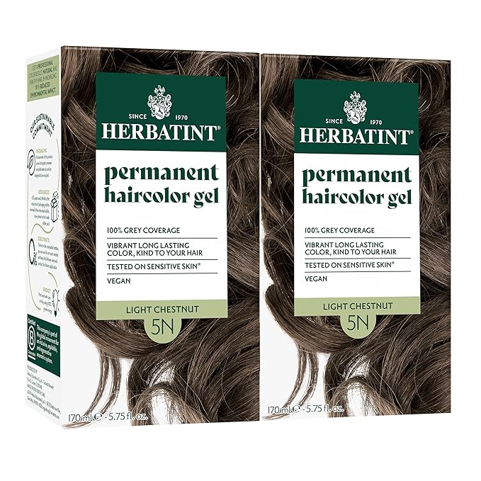 Herbatint Permanent Hair Dye - 5N Light Chestnut - For Up To 100% Gray Coverage of Resistant Gray Hair - Ammonia-Free, Alcohol-Free & Vegan - Salon Influenced Hair Color 5.75 fl oz (2 Pack)