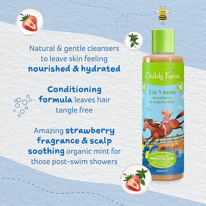 Childs Farm, Kids 3 in 1 Swim, Strawberry and Organic Mint, Body Wash, Shampoo and Conditioner, Suitable for Dry, Sensitive and Eczema-Prone Skin, 8.4 Fl Oz