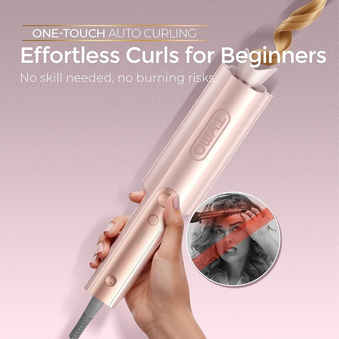 Upgraded Automatic Rotating Curling Iron - TYMO CurlPro Plus Long Barrel Curling Wand for Long Hair, Ceramic Hair Curler for Women, Anti-Scald, Tangle-Free, 600M Ionic, Dual Voltage,Gold Blush, 1 Inch