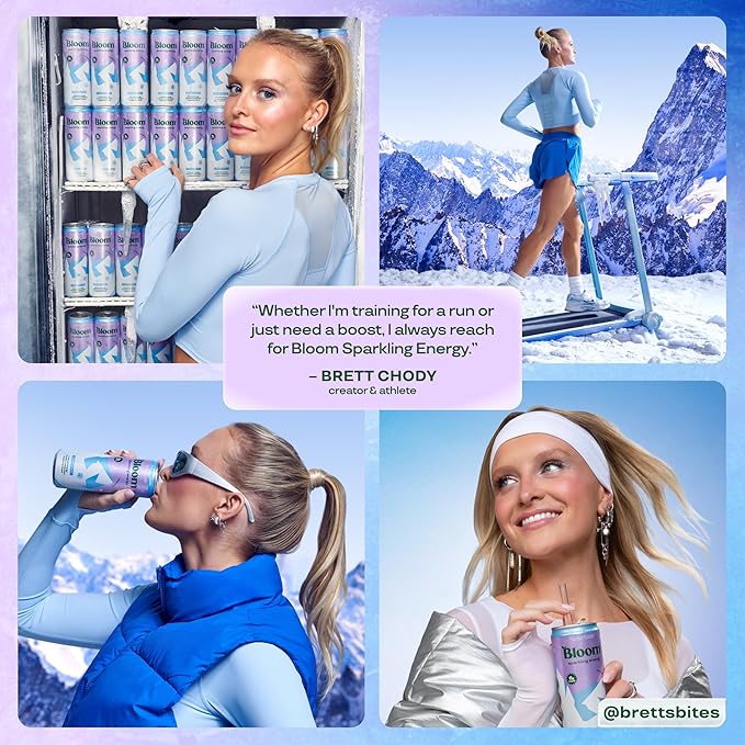 Bloom Nutrition Sparkling Energy Drink - Natural Caffeine, Zero Sugar, 180mg Caffeine - Antioxidant-Rich with Green Coffee Bean, Green Tea Extract, Prebiotics - Glacier Crush - 12oz 12 Pack