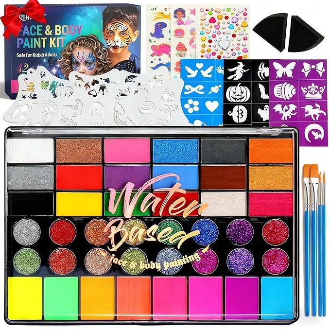 Professional Face Painting Kit – 42 Color Water-Activated Face Paint Makeup Palette with Stencils, Gems & Brushes – Non-Toxic Body Paint for Parties, Festivals, School Events & Carnival