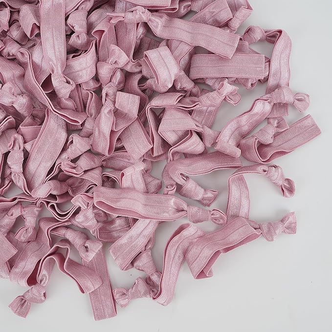 MEEDEE 100 Pack Dusty Rose Color Hair Ties For Women No Crease Soft Elastic Ribbon No Damage Pink Hair Ties Dusty Rose Knotted Ouchless Hair Ribbon Yoga Hair Ribbons Elastic Bracelets