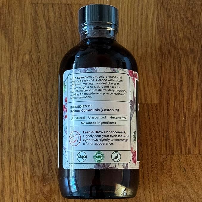 Ella & Eden Organic Castor Oil for Eyelashes - 4 Fl Oz Glass Bottle Lash Serum - for Eyebrows, for Hair Growth - Cold-Pressed Hexane-Free USDA Certified 100% Pure Unrefined