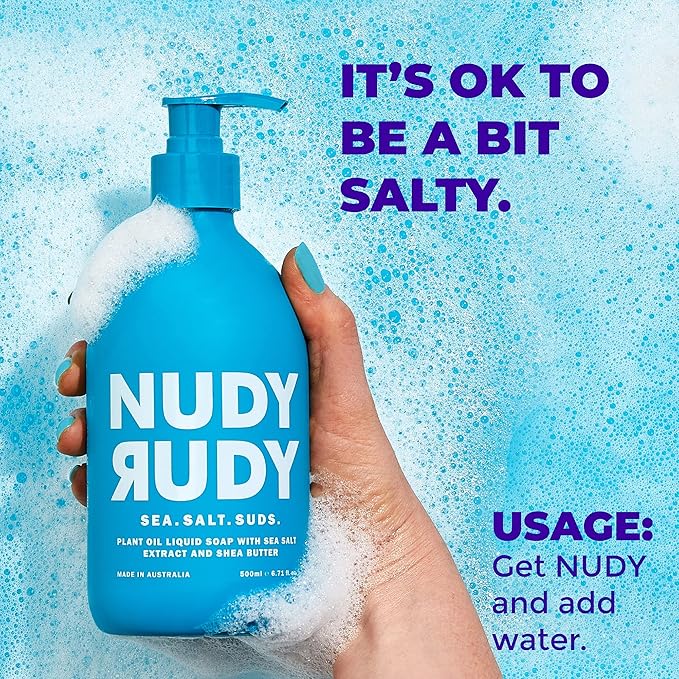 Nudy Rudy Sea Salt Suds 2 Pack, Liquid Body Wash Bundle with Bonus Soap Bar, Aloe Vera and Vitamin E, Moisturizing Shower Gel and Hand Soap for Men and Women 16.9 fl oz and 4.2 oz