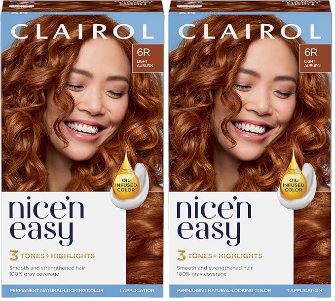 Clairol Nice'n Easy Permanent Hair Dye, 6R Light Auburn Hair Color, Pack of 2