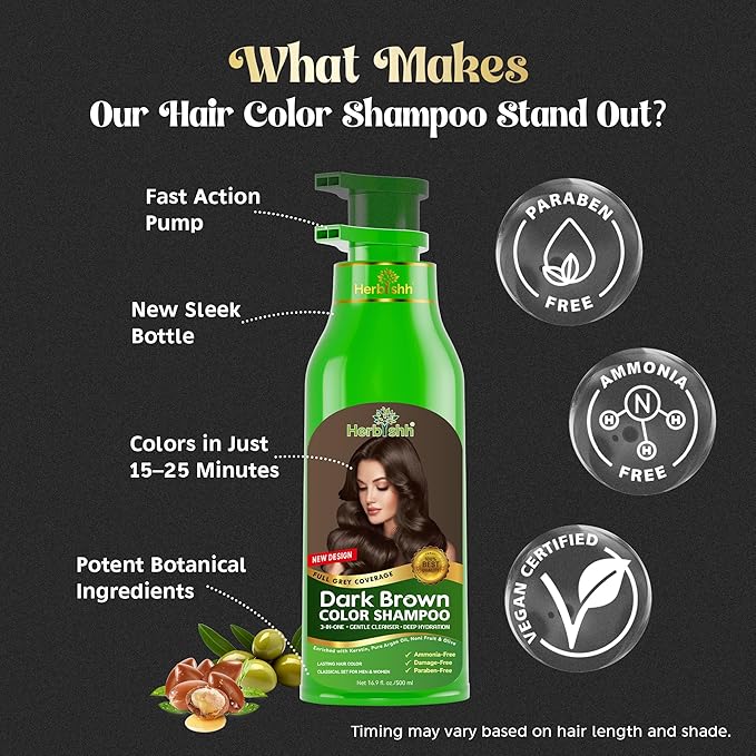Herbishh Hair Color Shampoo - Magic Dye for Gray Hair, Lasting Color in Minutes - 500 Ml, 3-In-1, Ammonia-Free (Dark Brown)