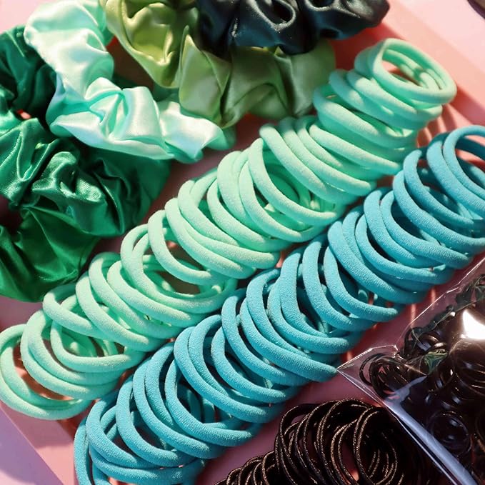 YANRONG Women's Hair Accessories Set: 755PCS Seamless Ponytail Holders, Variety Scrunchies, Bands and Ties for Thick and Curly Hair (Green)