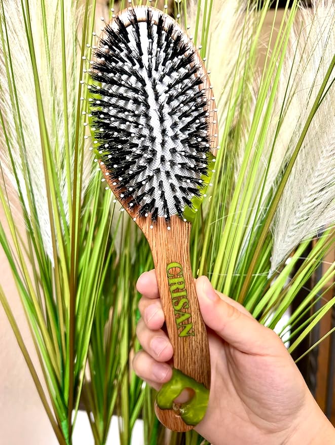 CRISAN Everlasting Hair Brush, Hand Carved Oak Wood and Resin Handle, 3 Interchangeable Bristles - Mixed, Boar, and Nylon (Peridot)