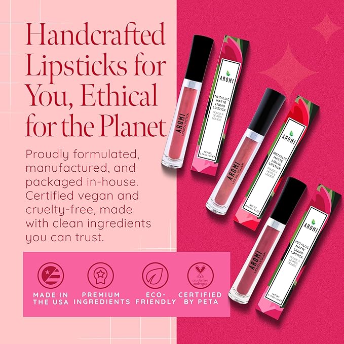 Aromi Sugared Mauve Metallic Liquid Lipstick, Purple Pink Lip Color with Shimmery Finish, Raspberry Mulberry Lipstick, Long-Lasting (Sugared Mauve)