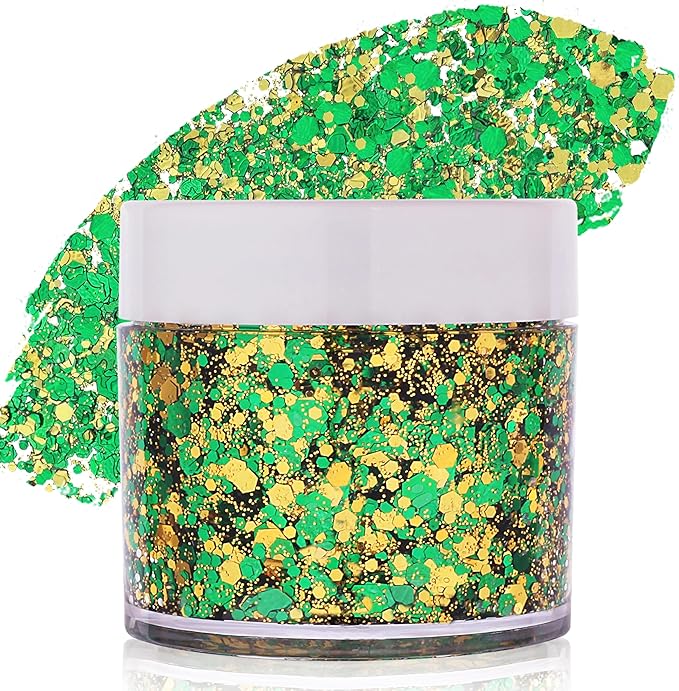 Green Face Glitter Gel,Mardi Gras Outfit for Women,Gold Hair Glitter Green St Patrick's Day Accessories,Mardi Gras Carnival Face Paint Body Glitter Sparkling Festival Chunky Makeup