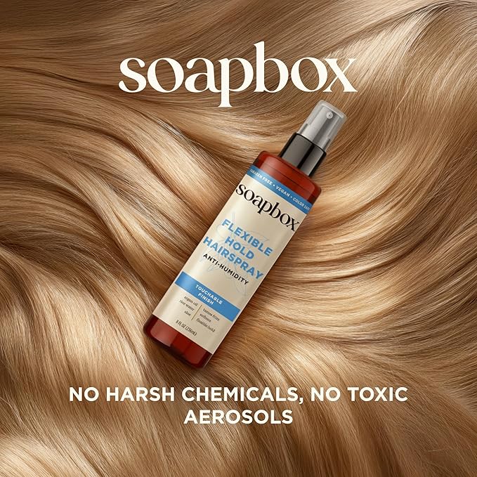 Soapbox Non Aerosol Hairspray - Flexible Hold Hairspray - Scented Anti Frizz Hair Spray with B5 & Aloe Vera - Light Soft Hold, Adds Shine, Non-Aerosol - 8oz