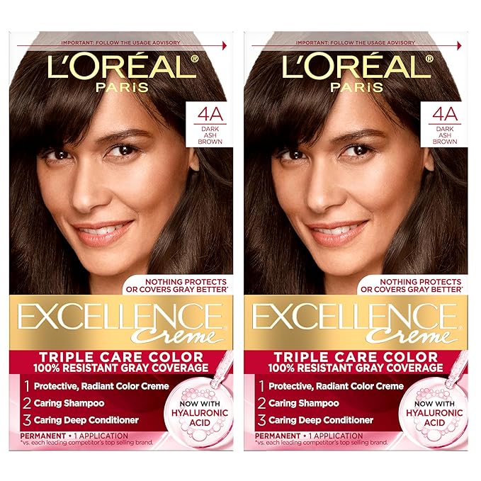 L'Oreal Paris Excellence Crème Permanent Hair Dye, Triple Care Hair Color with Pro-Keratine Complex for 100% Gray Hair Coverage, 4A Dark Ash Brown, 1 Kit (Pack of 2)