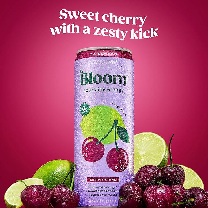 Bloom Nutrition Sparkling Energy Drink for Focus, Natural Caffeine, Zero Sugar, 180mg Caffeine, Antioxidant-Rich with Green Coffee Bean, Green Tea Extract, & Prebiotics, Cherry Lime 12oz 24 Pack