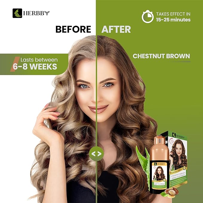 HERBBY Gray Hair Coverage Shampoo & Conditioner - Color Transform with 9 Herbal Extracts, Long-Lasting (6-8 Weeks), Shiny, Even Coloring, Instant Hair Dye, 500 ml (CHESTNUT BROWN)