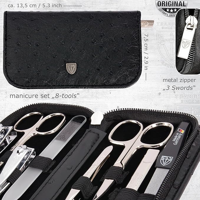 3 Swords Germany - brand quality 8 piece manicure pedicure grooming kit set for professional finger & toe nail care scissors clipper fashion leather case in gift box, Made in Solingen Germany (22009)