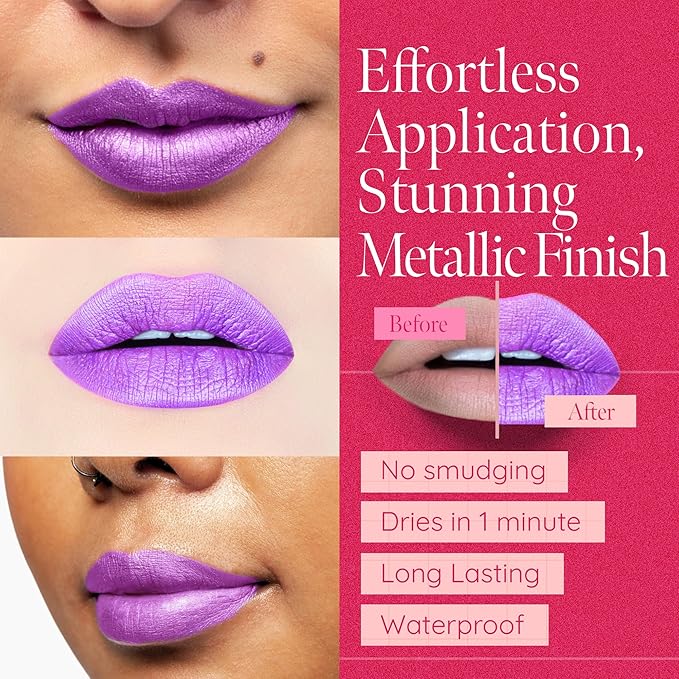 Aromi Purple Lilac Metallic Liquid Lipstick | Bright Lavender Lip Color with Shimmery Finish, Vegan and Cruelty-free, Long-Lasting, Smudge Proof, Handmade (Purple Unicorn)