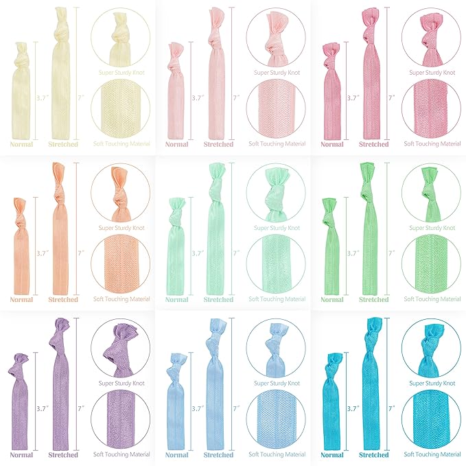 MEEDEE 100 Pack Pastel Rainbow Elastic Hair Accessories: No Crease Soft Ribbon Hair Ties, Knotted Ponytail Holders, Damage-Free Yoga and Workout Hairbands, Colorful Elastic Bracelets