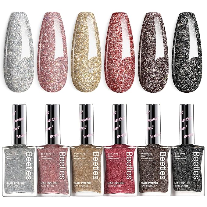 Beetles Glitter Nail Polish Set, 6 Color Silver Pink Gold Red Brown Black Quick Air Dry Nail Polish Natural Elegant Nail Lacquer Manicure DIY Nail Art Salon Christmas Gifts For Women