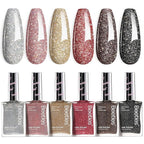 Beetles Glitter Nail Polish Set, 6 Color Silver Pink Gold Red Brown Black Quick Air Dry Nail Polish Natural Elegant Nail Lacquer Manicure DIY Nail Art Salon Christmas Gifts For Women