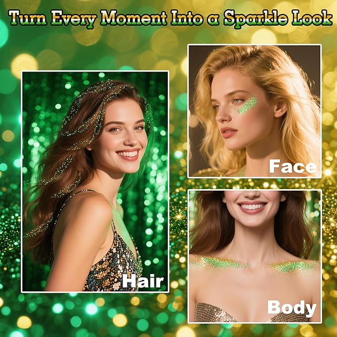 MEICOLY Gold and Green Face Glitter Stick,Hair Glitter Stick for Women,Green and Gold Spirit Wear Alien Makeup Accessories,Sparkle Body Glitter Makeup for Mardi Gras Carnival Festival Party